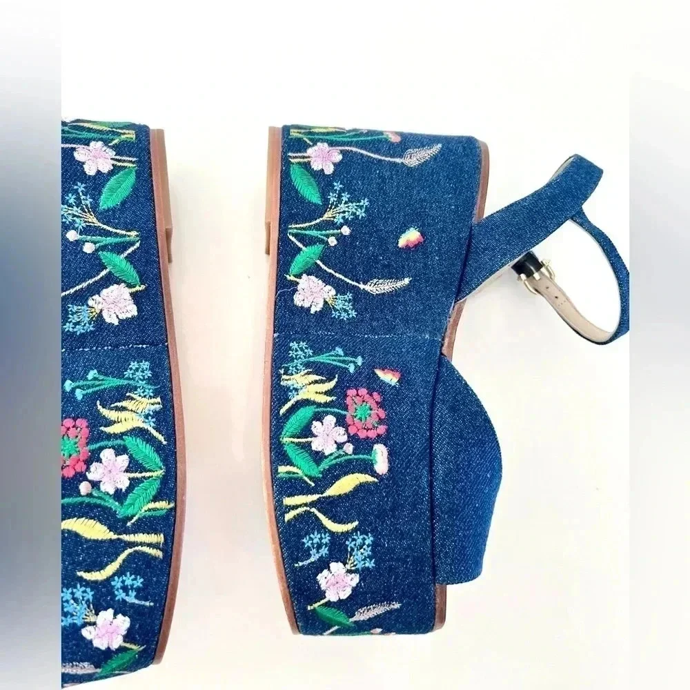 Etienne Aigner Sofhia Floral Embroidered Denim Platform Strappy Shoes‎ Size 6.5